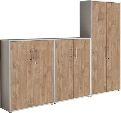 Produktbild von Aktenschrank TABOR 53 in lichtgrau / Gold Harbor Oak, Schrankwand, Büroschrank, abschließbar, Metallgriffe