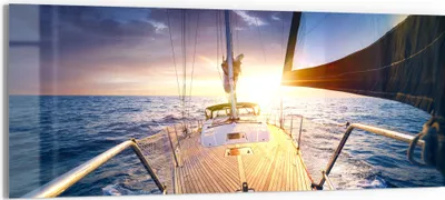 Produktbild von DEQORI Glasbild Echtglas 125x50 cm 'Segelboot jagt Abendsonne' Wandbild Bild modern Deko