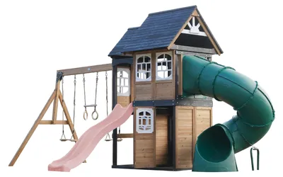 Image de Axi Noud Aire De Jeux En Bois, 2 Balançoires, Toboggan Tubulaire Et Toboggan Rose Pastel  | Maisonnette Xxl Pour Enfants Avec Structure D'Escalade Et