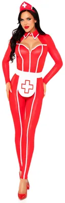 Produktbild von LEG AVENUE Damen Krankenschwester Catsuit Kostüm, Halloween, Größe L, Rot, Polyester, mit Schürze und Kopfschmuck
