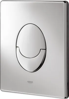 A close-up, studio shot of a chrome toilet flush plate.