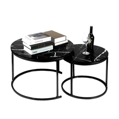 Produktbild von 2er Set Couchtisch mit Marmormuster und Metallrahmen Satztisch Beistelltisch Kaffeetisch Durchmesser 60cm +40 cm