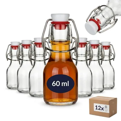 Produktbild von gouveo 24er Set Glasflaschen 60 ml rund mit Bügelverschluss rot - Mini Bügelflasche 0,06 l zum Befüllen - Bügelverschlussflasche für Likör, Schnaps, Deko