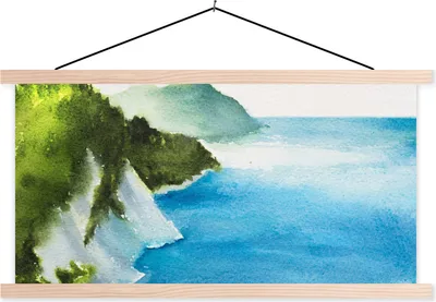 Produktbild von MuchoWow® Textilposter Meer - Berge - Wald 120x60 cm mit holzfarbenen Rahmen - Klemmleiste