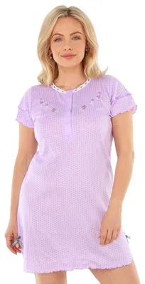 Produktbild von Nachthemd Damen kurzer Arm mit Spitze und Stickerei Nachtgewand Nachtwäsche, Größe:3XL, Farbe:Lila mit Stickerei