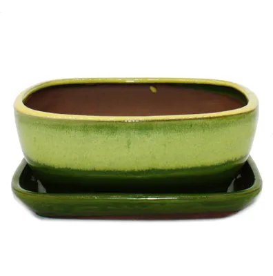Zdjęcie produktu dla miska bonsai ze spodkiem rozmiar 3 - zólto-zielona - prostokatna - model gb5 - dl. 21,5cm - szer. 17cm - wys. 8cm