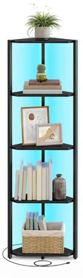 Produktbild von Eckregal - Bücherregal - 5 Ebenen - Verstellbare LED-Beleuchtung - Metallrahmen - 24,8×48×146,6 cm - Ebenholz-Schwarz