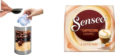 Produktbild von Senseo® Kaffeepad, CAPPUCCINO CARAMEL, harmonisch, koffeinhaltig +Tisch Abfallbehälter ohne Deckel mit Ø 8,5 x 9 cm, 0.5 Liter Tischreste-Mülleimer