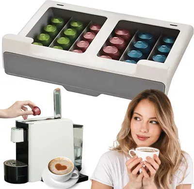 A collage showing a coffee capsule organizer, a coffee machine with a capsule being inserted, and a woman holding a cup of coffee.