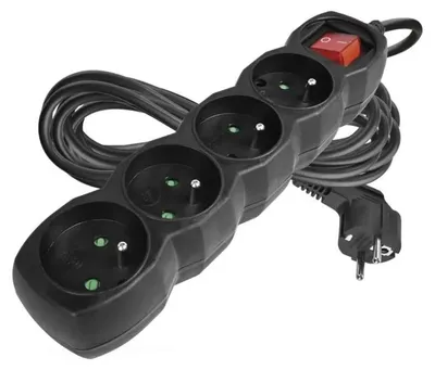 Image de Multiprise électrique 4 prises avec interrupteur, câble de 5 m, noire, plastique, 2300 W, intérieur