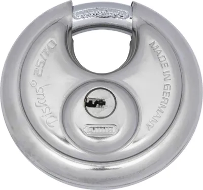 Zdjęcie produktu dla ABUS 32279, Kłódka w kształcie dysku, Blokada kluczem, Keyed podobny, Gate, Moving truck, Stal nierdzewna, 7 cm