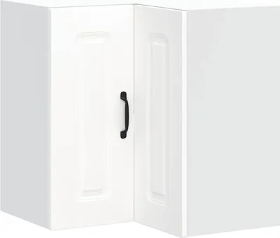 A white corner kitchen cabinet with a black handle.