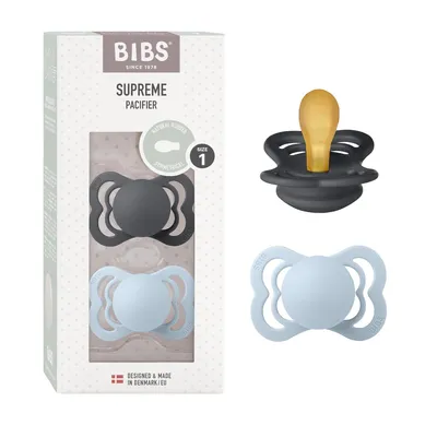 Productafbeelding van BIBS Supreme fopspeen, 2-pack, BPA-vrij, symmetrische speen. Natuurrubber / latex, geproduceerd in Denemarken. Maat 1 (0-6 maanden), ijzer/babyblauw