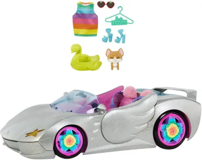 Produktbild von Barbie Puppenwagen Barbie HDJ47 Extra Auto Silbernes Cabrio (glitzert) regenbogen Reifen (Puppen, Puppe {Anzahl Teile} -tlg.), Kinder ab 3 Jahren
