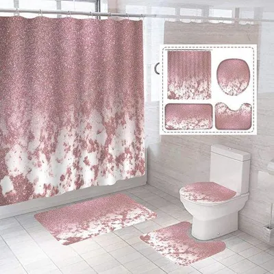Produktbild von Famanu Duschvorhang-Set 4-teilig mit Badezimmeraccessoires - Rosa