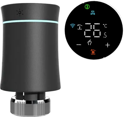 A smart thermostat for a radiator and a digital display showing temperature and settings.