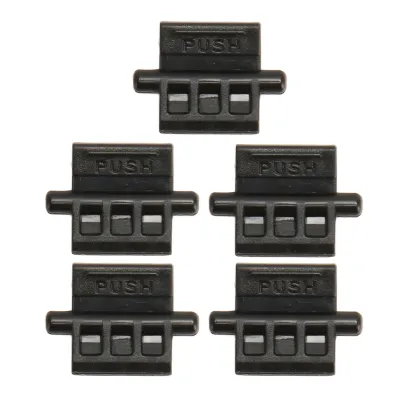 A group of five black plastic battery latches for a walkie-talkie, arranged in a grid.
