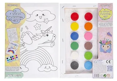 Productafbeelding van Schilderset met sprookjesmotieven, inclusief canvas en 12 kleuren verf op doek, geschikt voor kinderen vanaf 5 jaar