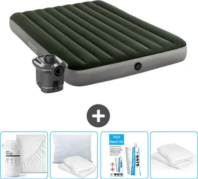 Produktbild von Intex Luftbett - 2 Personen - 152 x 203 x 25 cm - Grün - Inklusive Pumpe - Spannbettuch - Küssen - Reperaturset en Kissenschutz