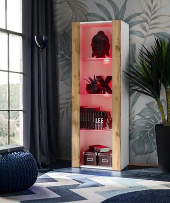 Produktbild von Komodee | Vitrine Schrank Tivoli mit 3 Regalböden, Korpus Weiß Matt Frontfarbe Wotan Matt, LED RGB