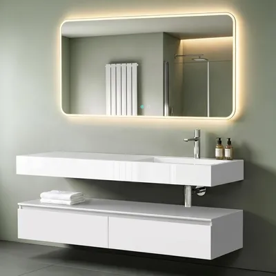 Produktbild von Mai & Mai Badmöbelset 150x48x25cm Unterschrank Weiß matt mit Soft-Close Schubladen inkl. Mineralguss-Waschbecken Rechts in matt Weiß und LED-Badspiegel