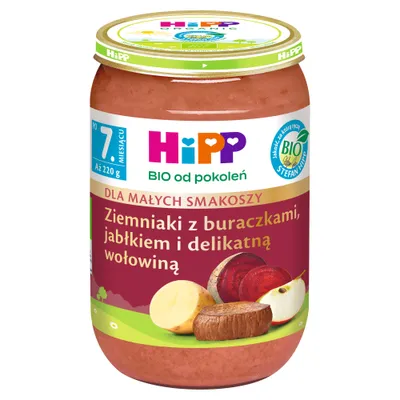 Produktbild von HippFür kleine Feinschmecker Kartoffeln mit Rote Bete Apfel Mildes Rindfleisch nach 7 Monaten 220 G