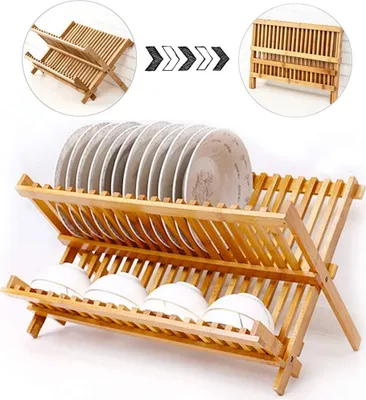 Produktbild von Abtropfgestell Abtropfgitter Bambus klappbar Abtropfkorb und Geschirrkorb 42x26.5x35cm