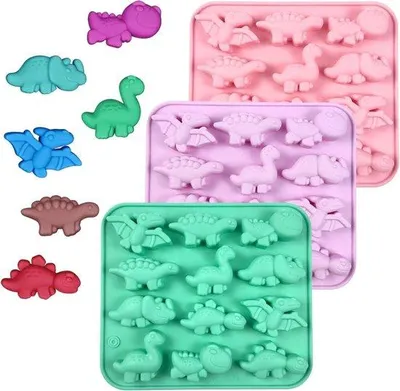 Image de Lot de 3 moules à pâtisserie en silicone en forme de dinosaures - Moules en silicone pour puddings et gâteaux - Moules pour gelées - Moules à bonbons et à chocolats