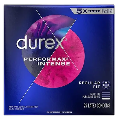 Produktbild von Set 24x Kondome, Durex, Performax Intense, Latex, Regular Fit, geölt, gestreift und gepunktet, Durchmesser 56mm