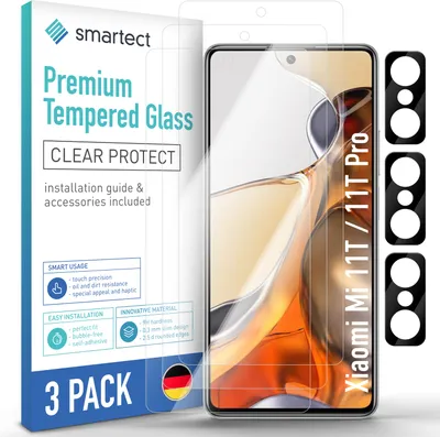 A product package for screen protectors and camera protectors for a Xiaomi phone, with a phone shown in the background.