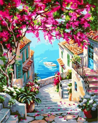 A painting of a scenic view of a staircase leading down to the sea, with houses and flowers on either side.