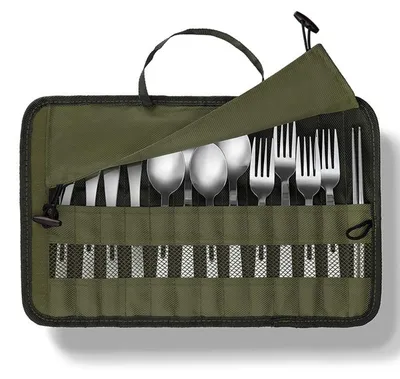 Produktbild von INF Faltbare tragbare Nylon-Besteckrolle – grüner Reise-Besteck-Organizer mit Messer- und Gabeltaschen