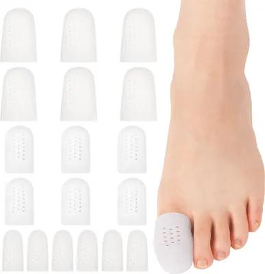 Produktbild von 18 Stück Zehenschutz Zehenkappen Zehenschoner für großer Zeh und kleiner Zeh, Weiches Silikon Zehenpolster Atmungsaktive schutzkappe Blisters Zehenpflaster Damen Herren Zehenschutzkappe