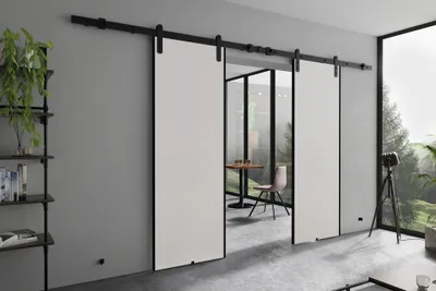 Produktbild von Schwebetür loft stil Ares Duo - Schiebetür 130 cm, Schiebetürsystem, Wohznimmer, Schlafzimmer, Büro - Design Zimmertür (Weiß)