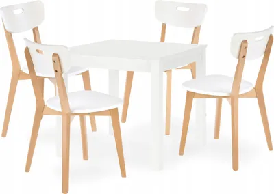 Produktbild von Esstisch mit 4 Stühlen - Quadratischer Tisch 80 x 80 cm - Aus Holz - 5-teiliges Set - Essgruppe - Sitzgruppe - Weiße Stühle