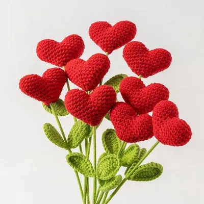 Produktbild von Handgehaaktes Herzblumenbouquet aus Kunstfäden mit grünen Stielen, 6 Stück, ideal für Hochzeitsanfragen, Valentinstag, Muttertag, Abschlussfeier.