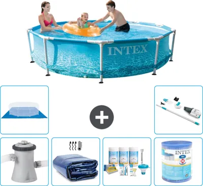 Produktbild von Intex Rundrahmen-Schwimmbecken – 305 x 76 cm – Wasserdruck – inklusive Pumpe Sonnensegel - Wartungspaket - Filter - Bodenplane - Staubsauger
