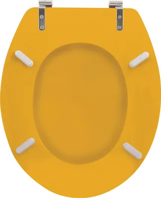 A top-down view of a yellow toilet seat.