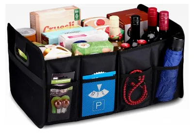 Produktbild von Kofferraum Organizer - 50 x 32 x 70 CM - Auto Organizer mit 2 großen Fächern und Einsätzen - Organisation von Autozubehör - Faltbare Kofferraumtasche - Schwarz