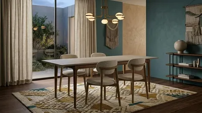 Immagine prodotto di Tavolo da pranzo estendibile, design moderno, bianco, in legno e metallo, set con 4 sedie, grande