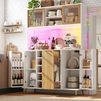 Immagine prodotto di Armadio alto da cucina con illuminazione a LED, dimensioni 120x40x188 cm, colore bianco/legno