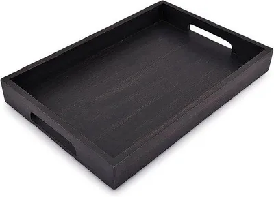 Zdjęcie produktu dla Prostokątna taca z drewna akacjowego na śniadanie i kolację - Z uchwytem - 1 sztuka - Czarna - 15" x 10" x 1.6"
