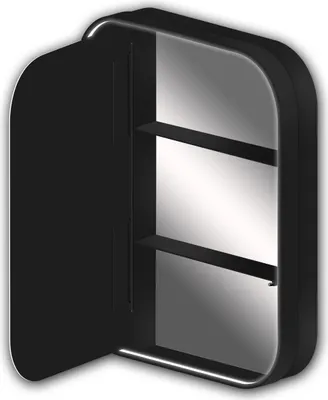 A black medicine cabinet with its door open, revealing two shelves and a mirrored back.