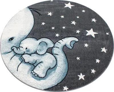 Image de Tapis pour enfants, motif éléphant, bleu, 160 x 160 cm, forme ronde