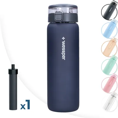 A navy blue Wessper water filter bottle is shown centrally, with a black filter accessory and 'x1' text to the left. A collage of other colored bottles is displayed on the right.