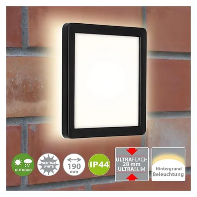 Obrázok produktu pre BRILONER FRANKFURT LED vonkajšie nástenné svietidlo, ochrana proti striekajúcej vode IP44, efekt podsvietenia, neutrálne biele svetlo, čierna farba, 19 x 19 x 2,8 cm