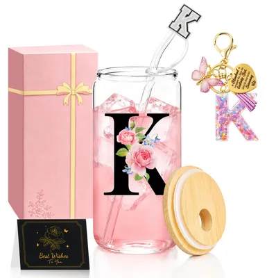 Image de Gobelet avec couvercle et paille, ainsi que porte-clés avec lettre - Coffret personnalisable - 16oz