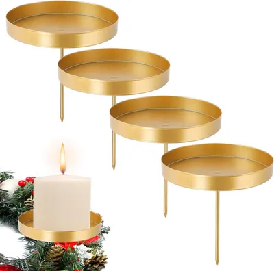 Produktbild von 4 Adventskranz-Kerzenhalter, 8 cm, im Retro-Stil, goldfarben, Kerzenhalter, Adventskranz, Metall, für ein stimmungsvolles Dinner bei Kerzenschein