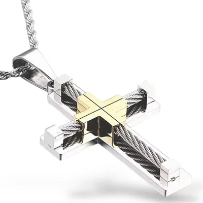 Produktbild von Herren Kreuz Anhänger Massiv Edelstahl Religiös Silber Goldfarben Mit Kette