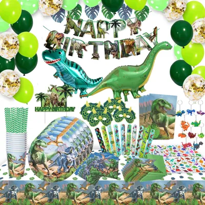Obrázek produktu pro Dekorace na dětskou oslavu s dinosaury, set na oslavu, papírové talíře, ubrousky, piňata, pro děti